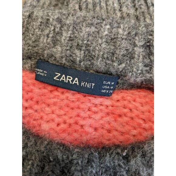 Zara Knit Medium Knitted Sweater Pullover Grey Pink Blue Colorblock Crew Neck - Picture 7 of 8